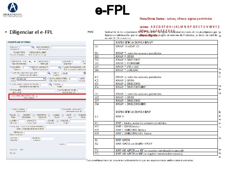 e-FPL • Diligenciar el e-FPL Nota Otros Datos: Letras, cifras y signos permitidos Letras e-FPL • Diligenciar el e-FPL Nota Otros Datos: Letras, cifras y signos permitidos Letras