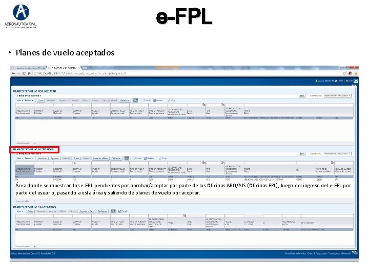 e-FPL • Planes de vuelo aceptados Área donde se muestran los e-FPL pendientes por e-FPL • Planes de vuelo aceptados Área donde se muestran los e-FPL pendientes por