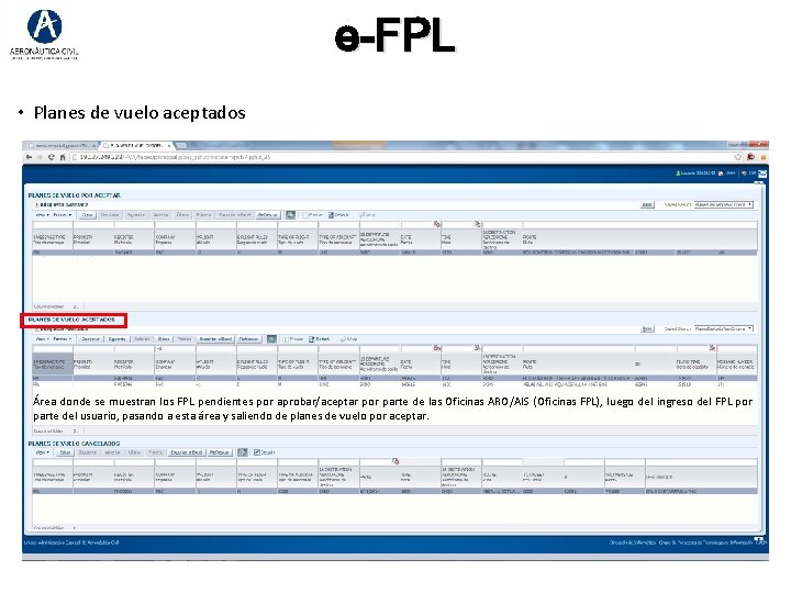 e-FPL • Planes de vuelo aceptados Área donde se muestran los FPL pendientes por e-FPL • Planes de vuelo aceptados Área donde se muestran los FPL pendientes por