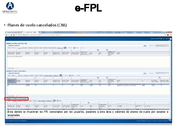 e-FPL • Planes de vuelo cancelados (CNL) Área donde se muestran los FPL cancelados e-FPL • Planes de vuelo cancelados (CNL) Área donde se muestran los FPL cancelados