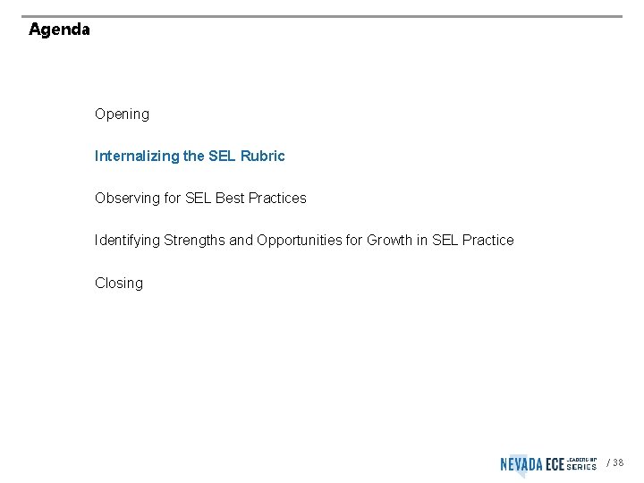 Agenda Opening Internalizing the SEL Rubric Observing for SEL Best Practices Identifying Strengths and