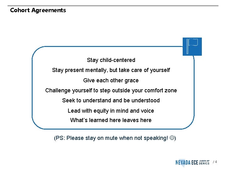 Cohort Agreements Stay child-centered Stay present mentally, but take care of yourself Give each