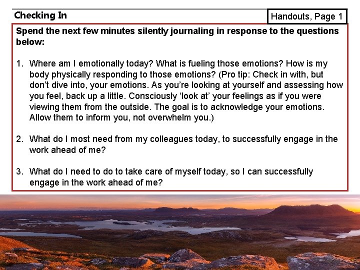 Checking In Handouts, Page 1 Spend the next few minutes silently journaling in response