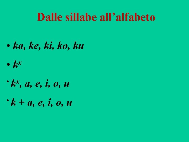 Dalle sillabe all’alfabeto • ka, ke, ki, ko, ku • kx, • k a,