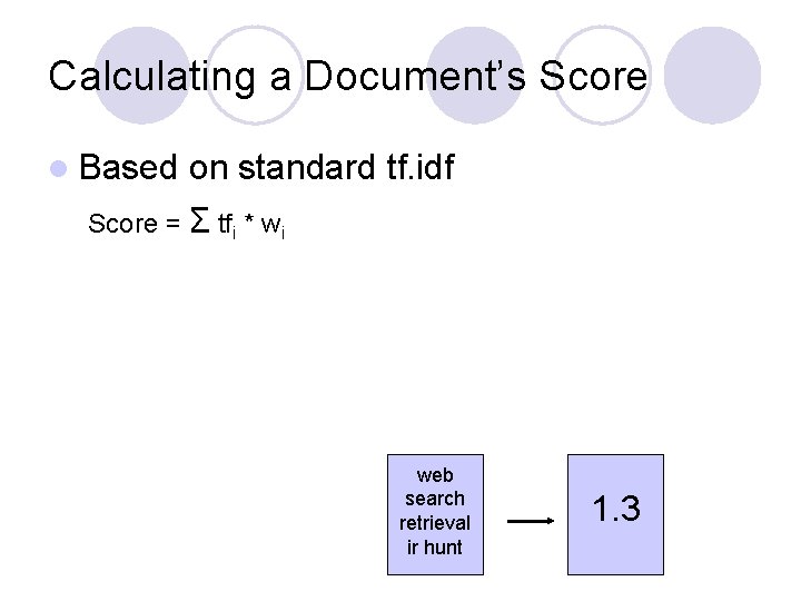 Calculating a Document’s Score l Based on standard tf. idf Score = Σ tfi