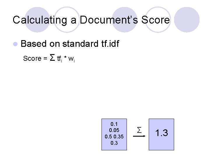 Calculating a Document’s Score l Based on standard tf. idf Score = Σ tfi