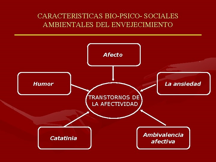 CARACTERISTICAS BIO-PSICO- SOCIALES AMBIENTALES DEL ENVEJECIMIENTO Afecto Humor La ansiedad TRANSTORNOS DE LA AFECTIVIDAD