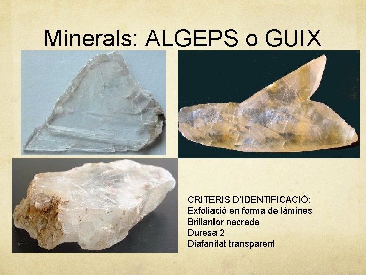 Minerals: ALGEPS o GUIX CRITERIS D’IDENTIFICACIÓ: Exfoliació en forma de làmines Brillantor nacrada Duresa