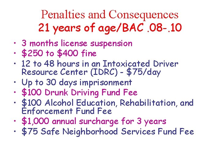 Penalties and Consequences 21 years of age/BAC. 08 -. 10 • 3 months license