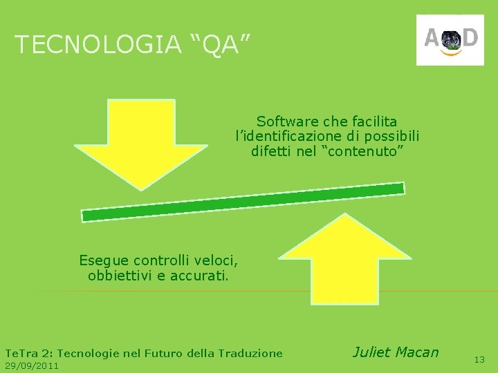 TECNOLOGIA “QA” Software che facilita l’identificazione di possibili difetti nel “contenuto” Esegue controlli veloci,