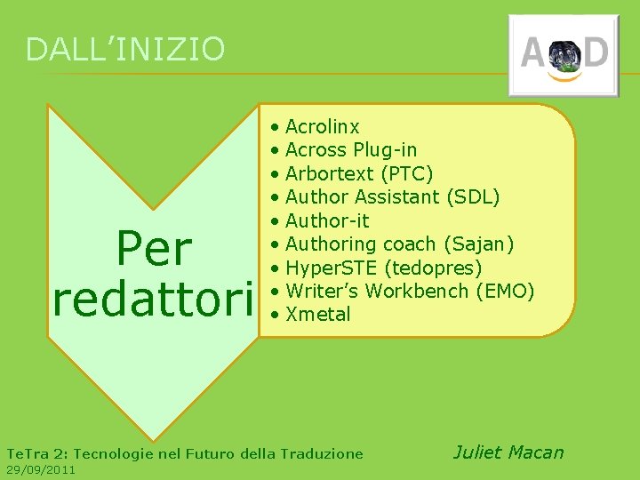 DALL’INIZIO Per redattori • Acrolinx • Across Plug-in • Arbortext (PTC) • Author Assistant