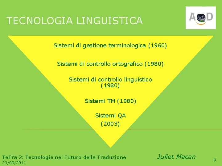 TECNOLOGIA LINGUISTICA Sistemi di gestione terminologica (1960) Sistemi di controllo ortografico (1980) Sistemi di