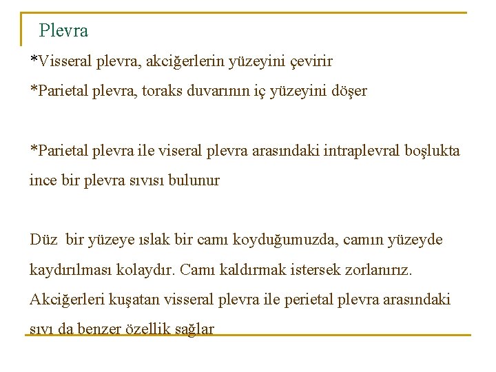 Plevra *Visseral plevra, akciğerlerin yüzeyini çevirir *Parietal plevra, toraks duvarının iç yüzeyini döşer *Parietal