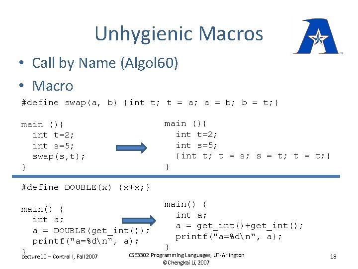 Unhygienic Macros • Call by Name (Algol 60) • Macro #define swap(a, b) {int