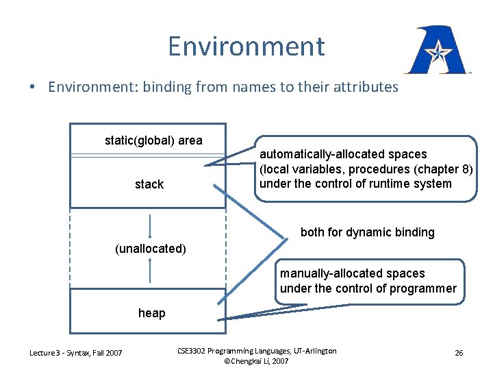 Environment • Environment: binding from names to their attributes static(global) area automatically-allocated spaces (local