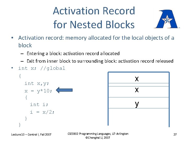 Activation Record for Nested Blocks • Activation record: memory allocated for the local objects