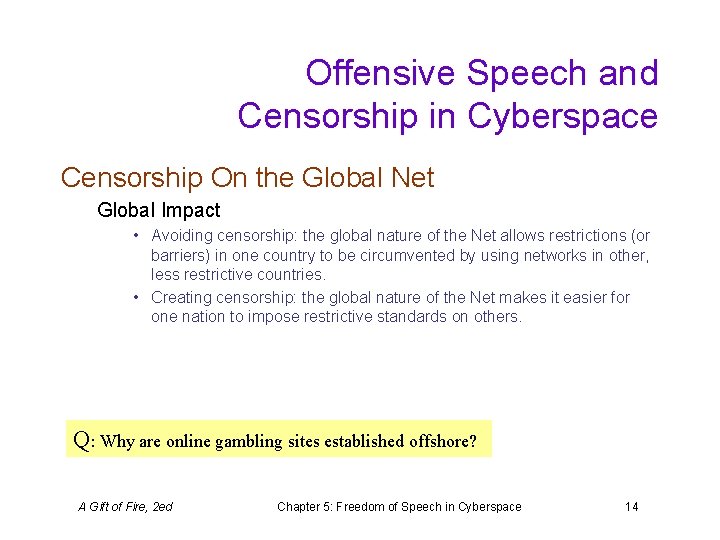 Offensive Speech and Censorship in Cyberspace Censorship On the Global Net Global Impact •