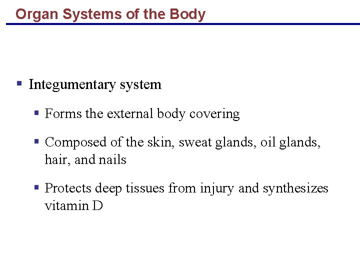 Organ Systems of the Body § Integumentary system § Forms the external body covering