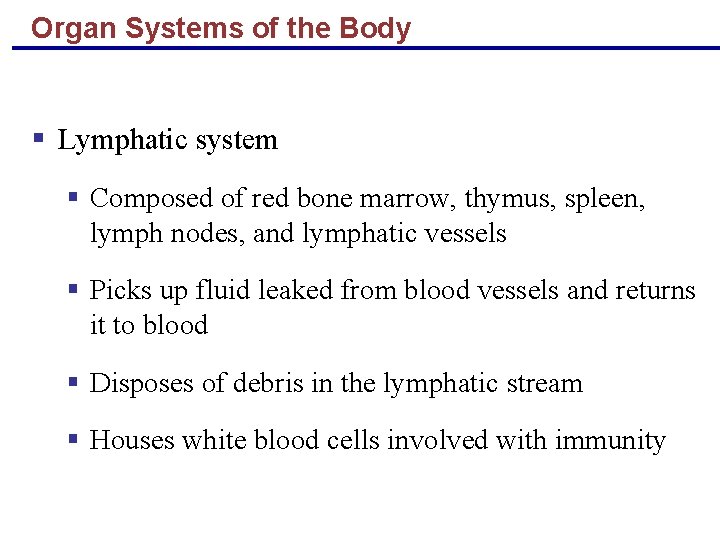 Organ Systems of the Body § Lymphatic system § Composed of red bone marrow,