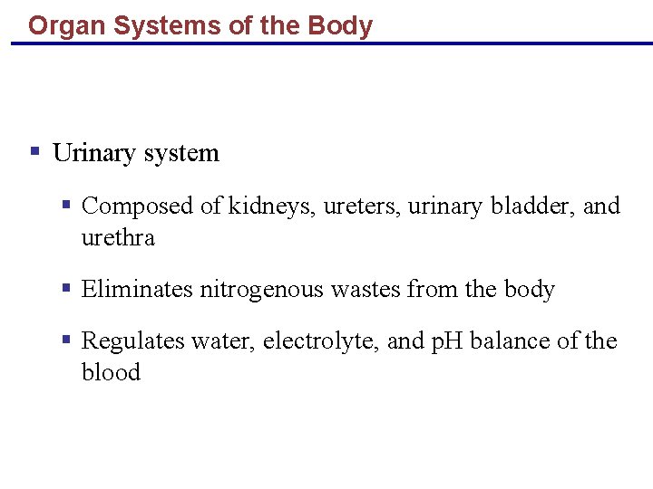 Organ Systems of the Body § Urinary system § Composed of kidneys, ureters, urinary