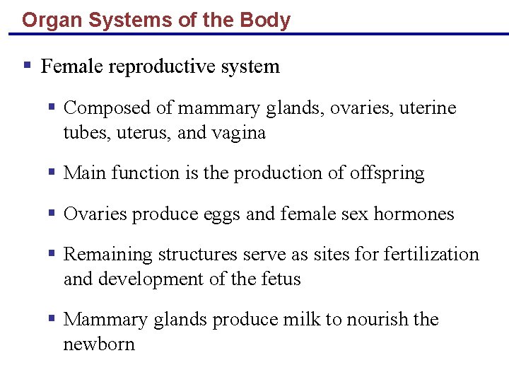 Organ Systems of the Body § Female reproductive system § Composed of mammary glands,