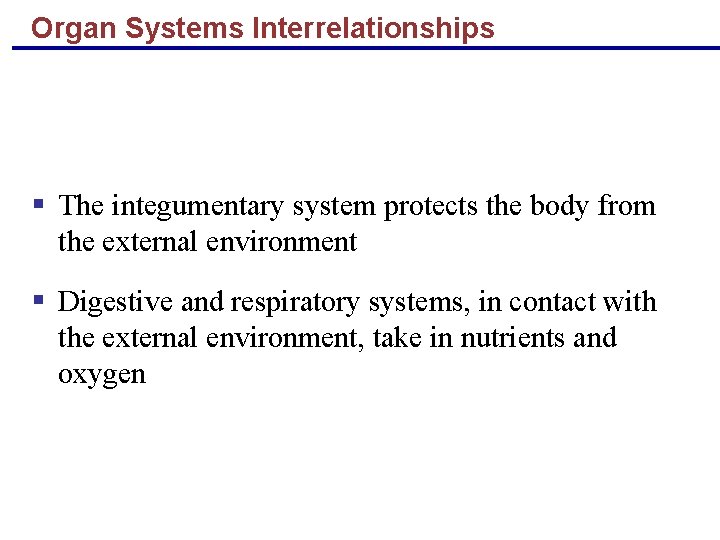 Organ Systems Interrelationships § The integumentary system protects the body from the external environment
