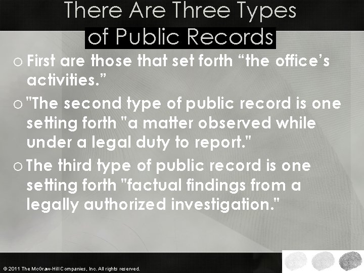 There Are Three Types of Public Records o First are those that set forth