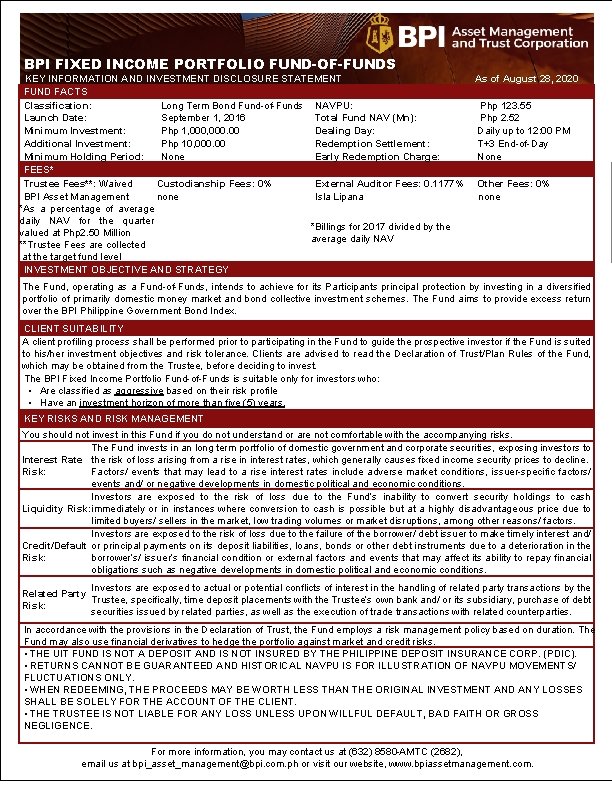 BPI FIXED INCOME PORTFOLIO FUND-OF-FUNDS KEY INFORMATION AND INVESTMENT DISCLOSURE STATEMENT FUND FACTS Classification: