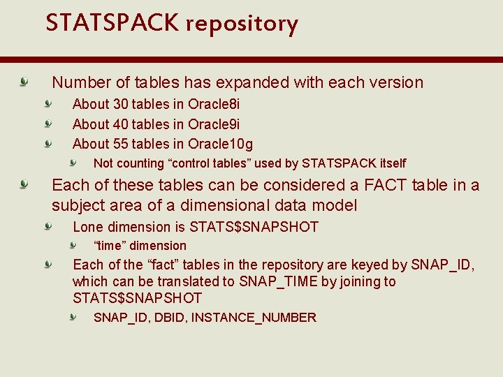 STATSPACK repository Number of tables has expanded with each version About 30 tables in