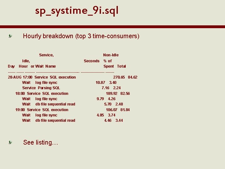 sp_systime_9 i. sql Hourly breakdown (top 3 time-consumers) Service, Non-Idle, Seconds % of Day
