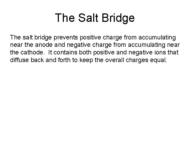 The Salt Bridge The salt bridge prevents positive charge from accumulating near the anode