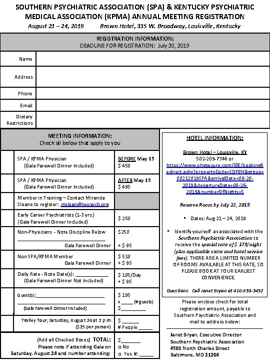 SOUTHERN PSYCHIATRIC ASSOCIATION (SPA) & KENTUCKY PSYCHIATRIC MEDICAL ASSOCIATION (KPMA) ANNUAL MEETING REGISTRATION August