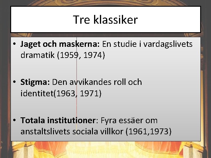 Tre klassiker • Jaget och maskerna: En studie i vardagslivets dramatik (1959, 1974) •