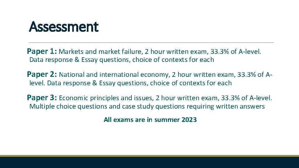 Assessment Paper 1: Markets and market failure, 2 hour written exam, 33. 3% of