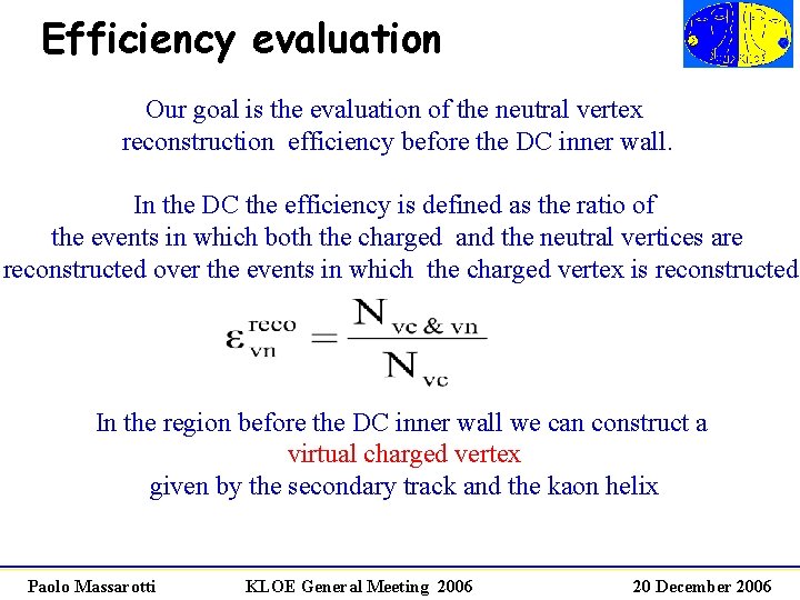 Efficiency evaluation Our goal is the evaluation of the neutral vertex reconstruction efficiency before