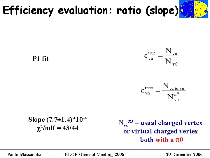 Efficiency evaluation: ratio (slope) P 1 fit Slope (7. 7± 1. 4)*10 -4 c