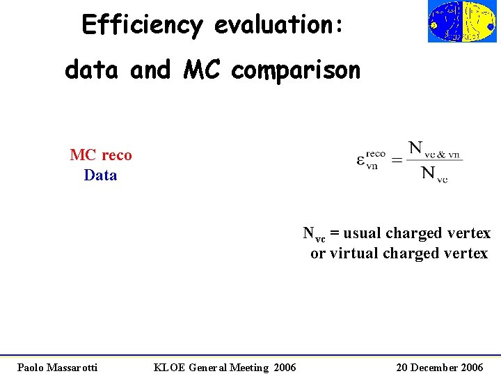 Efficiency evaluation: data and MC comparison MC reco Data Nvc = usual charged vertex