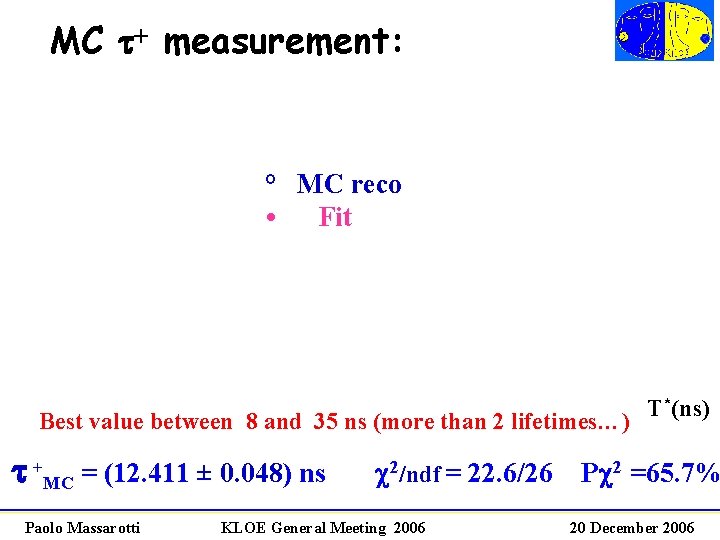 MC t+ measurement: ° MC reco • Fit Best value between 8 and 35