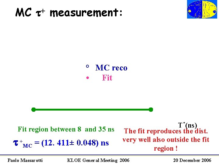 MC t+ measurement: ° MC reco • Fit region between 8 and 35 ns