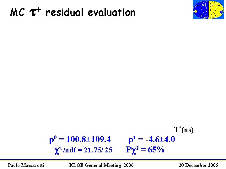 MC t+ residual evaluation T*(ns) p 0 = 100. 8± 109. 4 c 2