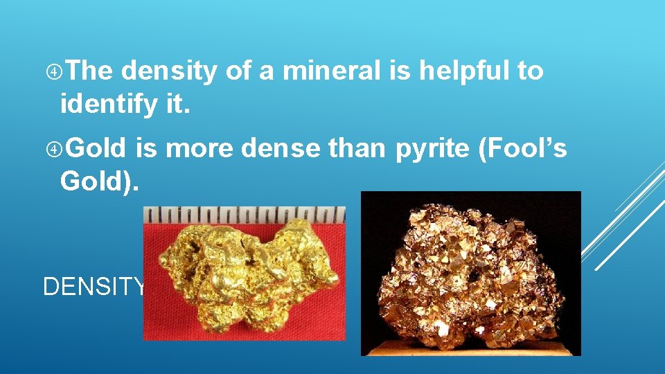 The density of a mineral is helpful to identify it. Gold is more The density of a mineral is helpful to identify it. Gold is more