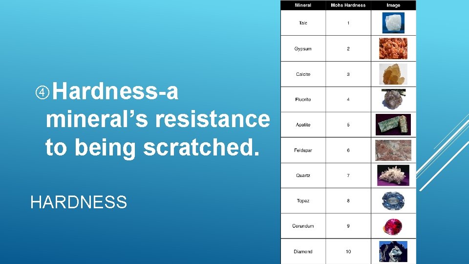 Hardness-a mineral’s resistance to being scratched. HARDNESS Hardness-a mineral’s resistance to being scratched. HARDNESS
