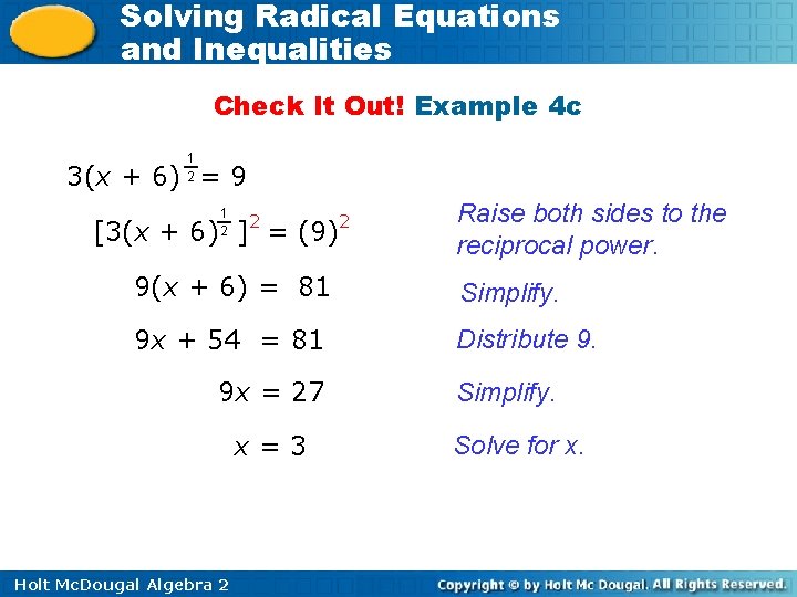 Solving Radical Equations and Inequalities Check It Out! Example 4 c 1 2 3(x