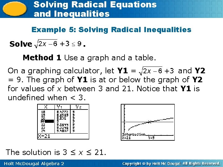 Solving Radical Equations and Inequalities Example 5: Solving Radical Inequalities Solve . Method 1