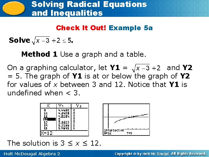 Solving Radical Equations and Inequalities Check It Out! Example 5 a Solve . Method
