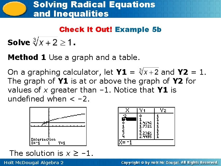 Solving Radical Equations and Inequalities Check It Out! Example 5 b Solve . Method