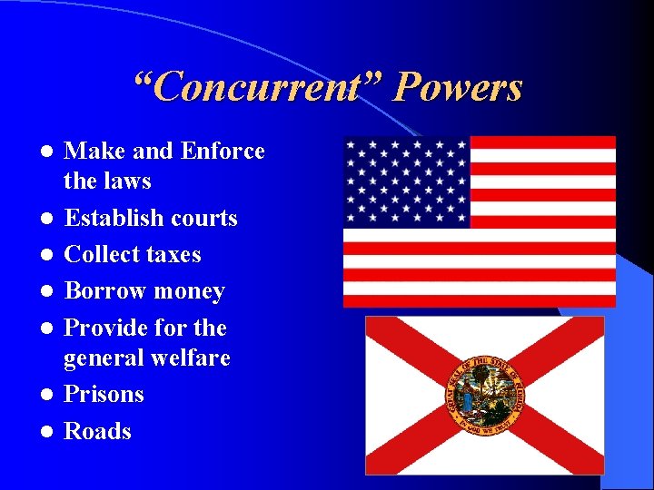 “Concurrent” Powers l l l l Make and Enforce the laws Establish courts Collect