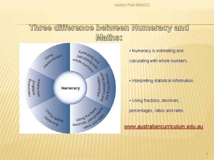 Kadriye Pala 9964223 Three difference between Numeracy and Maths: • Numeracy is estimating and Kadriye Pala 9964223 Three difference between Numeracy and Maths: • Numeracy is estimating and