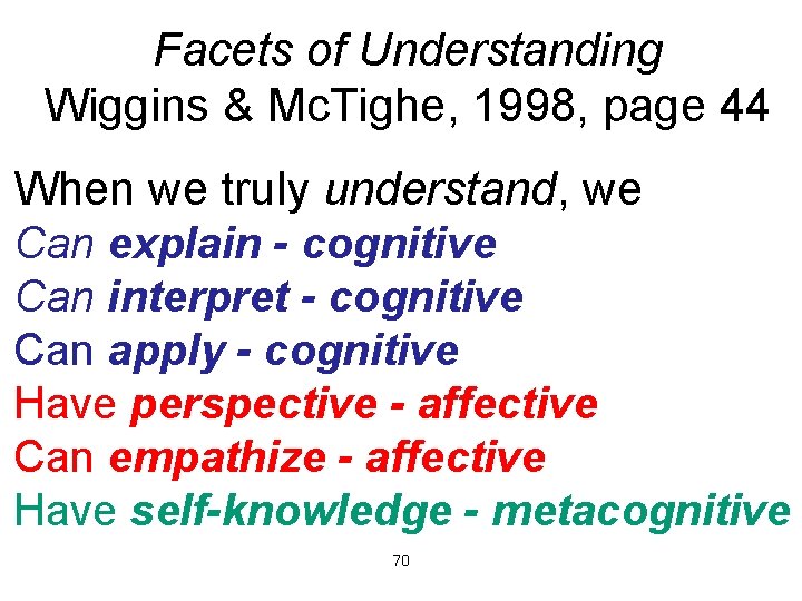 Facets of Understanding Wiggins & Mc. Tighe, 1998, page 44 When we truly understand,