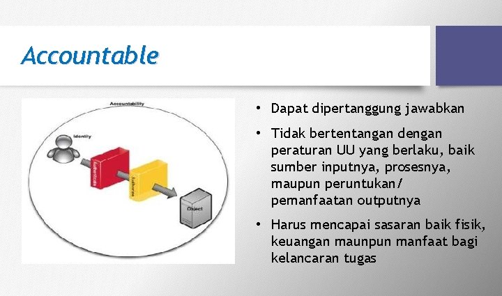 Accountable • Dapat dipertanggung jawabkan • Tidak bertentangan dengan peraturan UU yang berlaku, baik Accountable • Dapat dipertanggung jawabkan • Tidak bertentangan dengan peraturan UU yang berlaku, baik